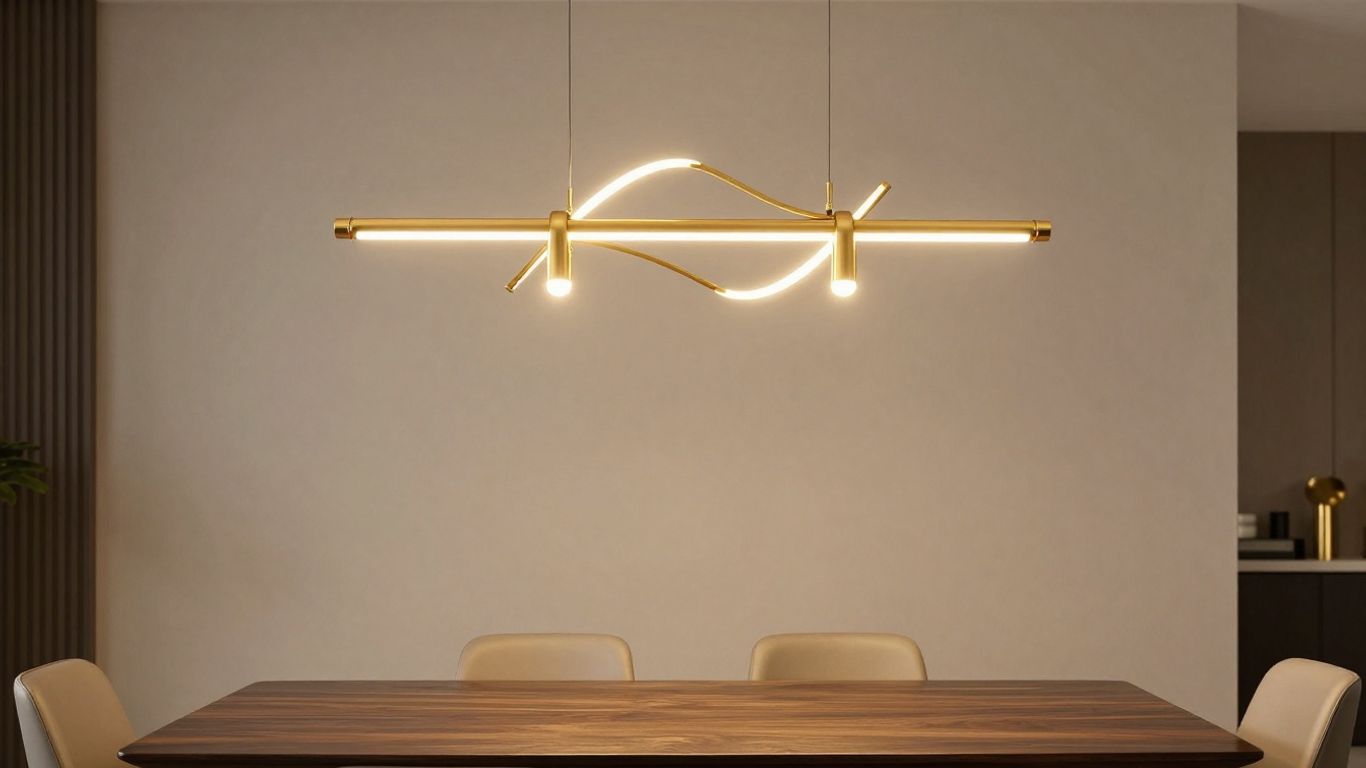 Elegant gold pendant light fixture over a dining table.