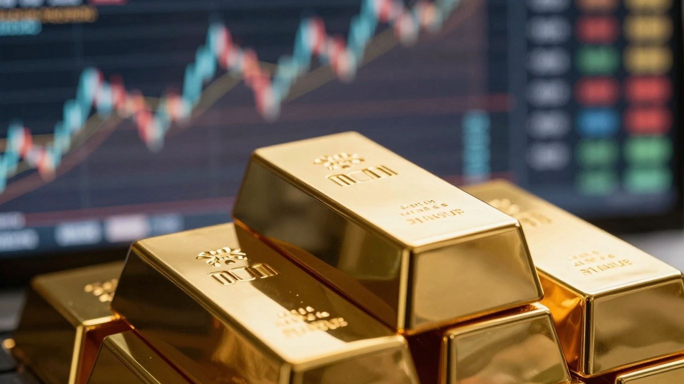 Gold bars and abstract market movement visuals.