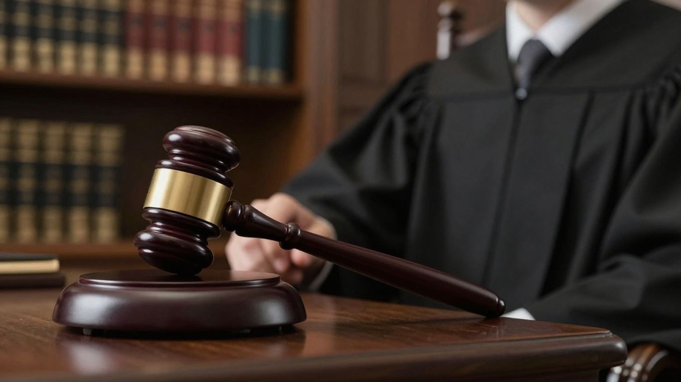 Gavel striking block in a courtroom.