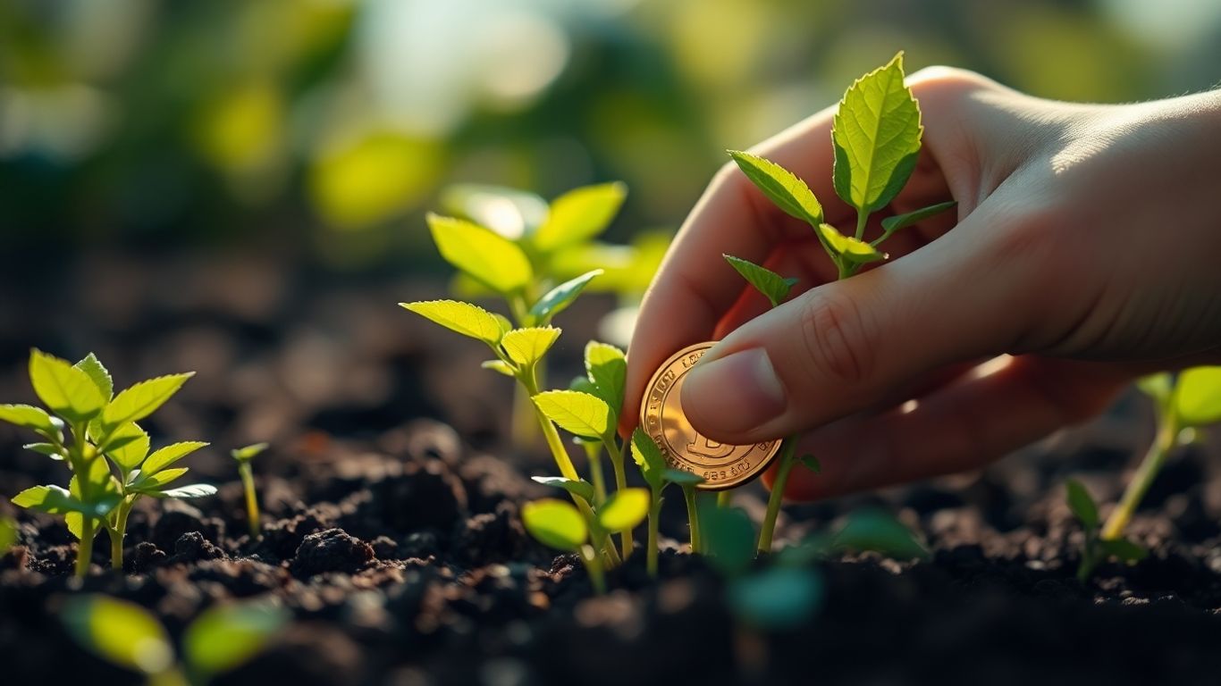 Hand placing coin into a plant, symbolizing investment growth.