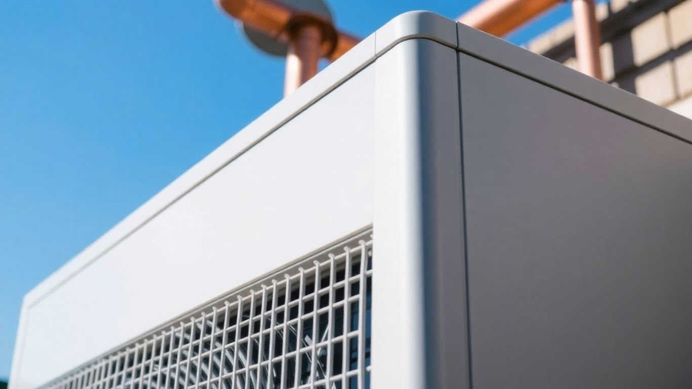 Heat pump with copper piping and blue sky.