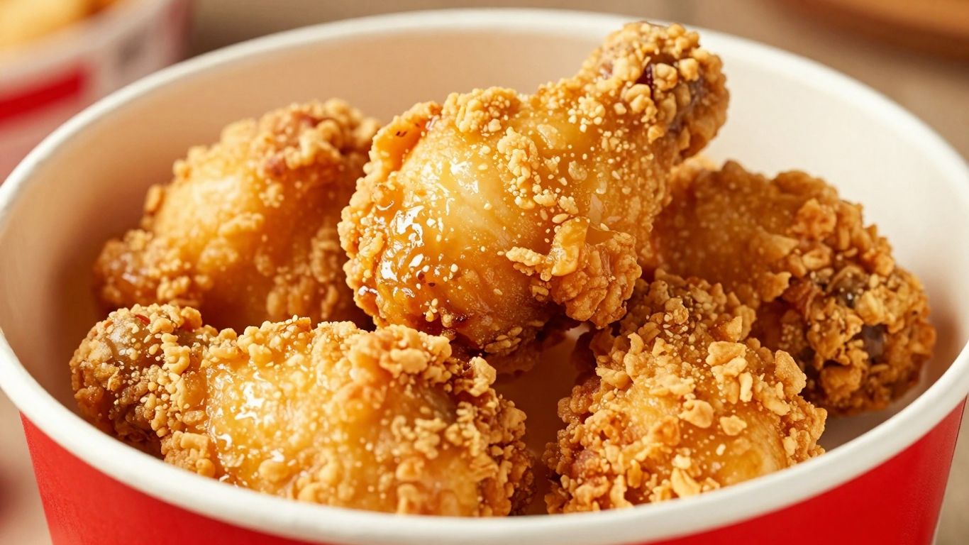 KFC fried chicken bucket with crispy pieces.