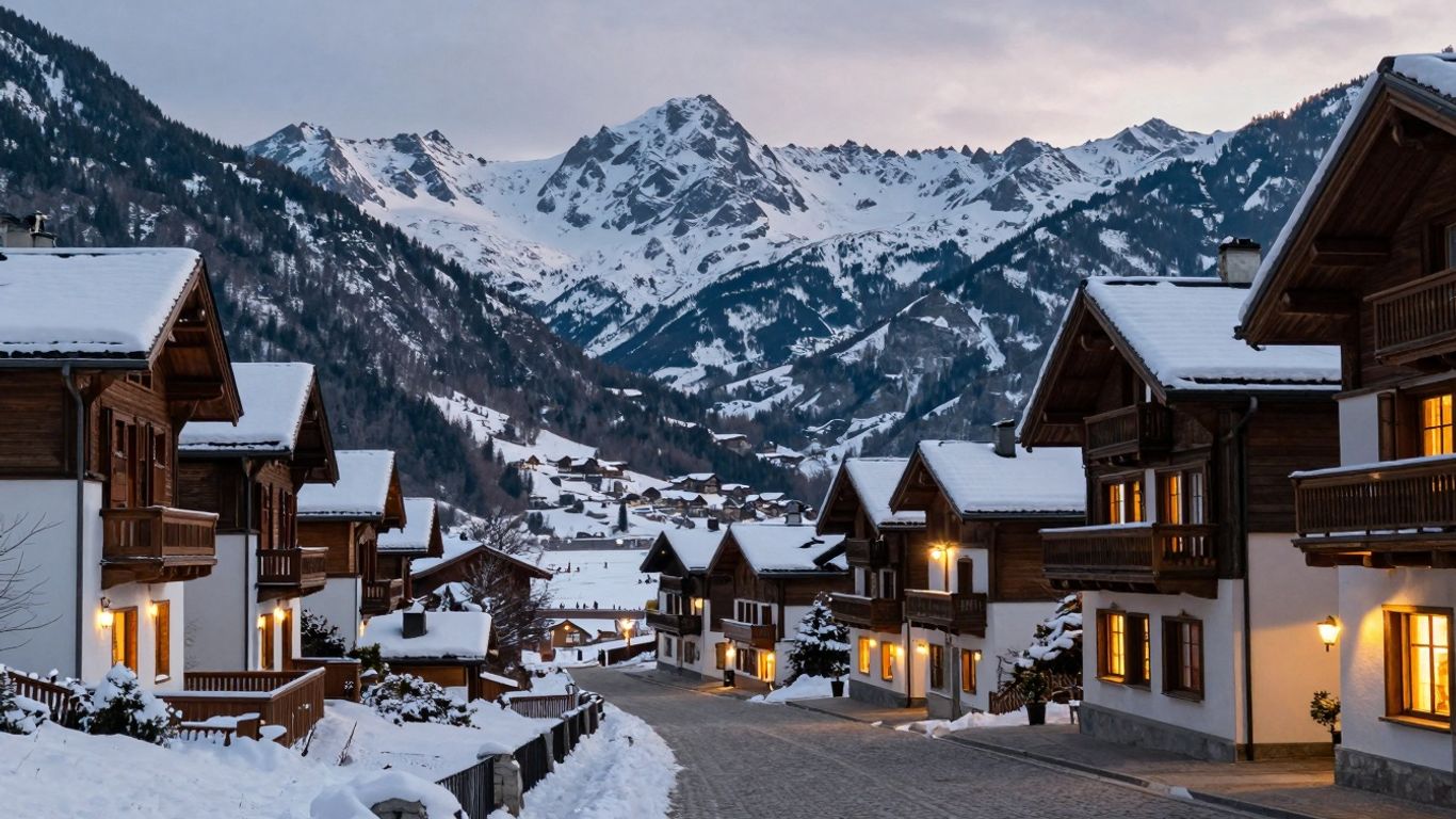 Snowy St Moritz village with elegant chalets and distant mountains.