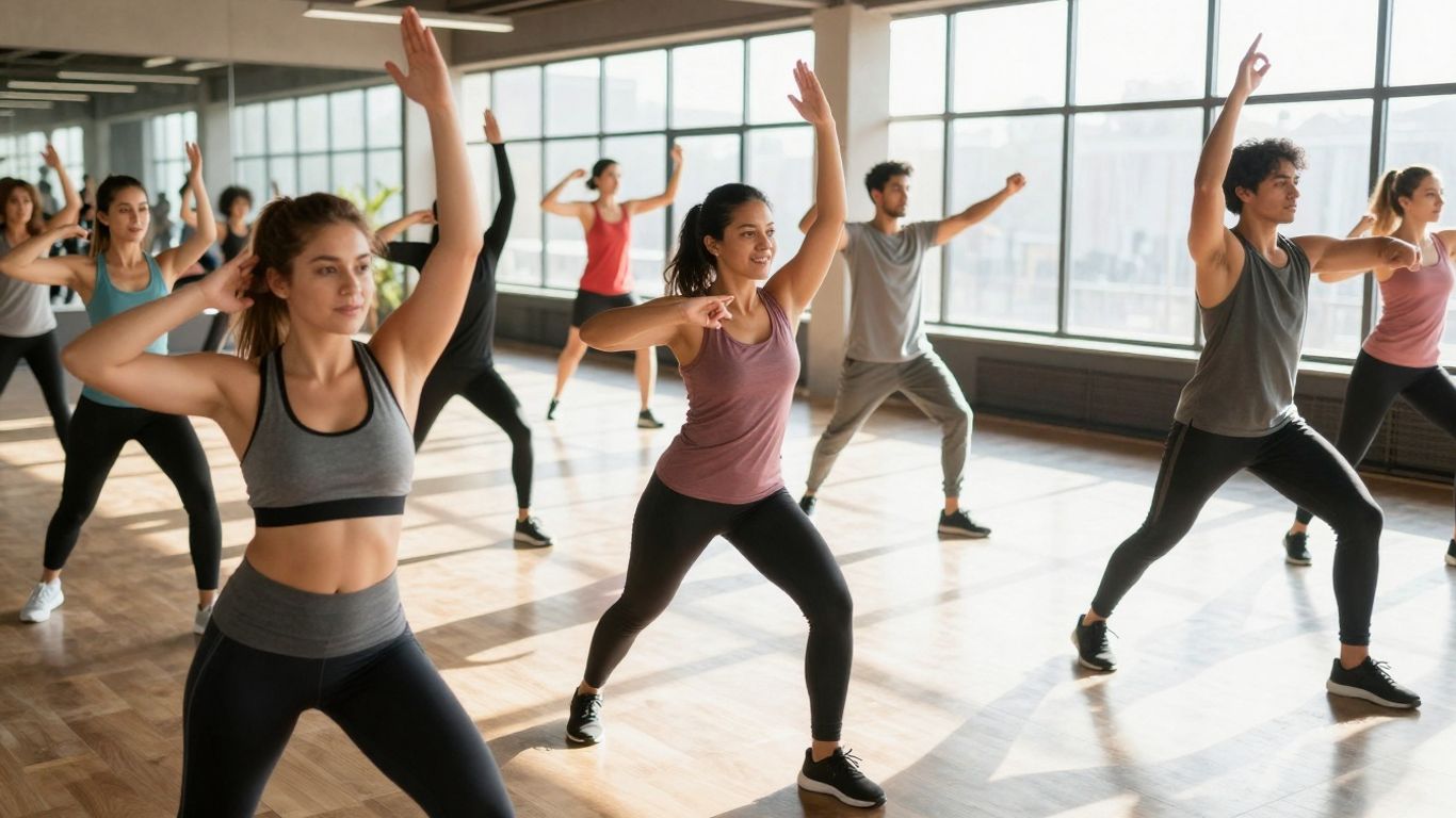 People exercising in a bright, modern fitness center.