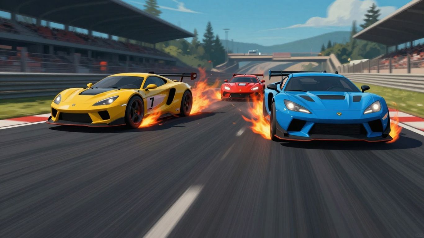 Colorful race cars speeding on a dynamic track, conveying excitement.