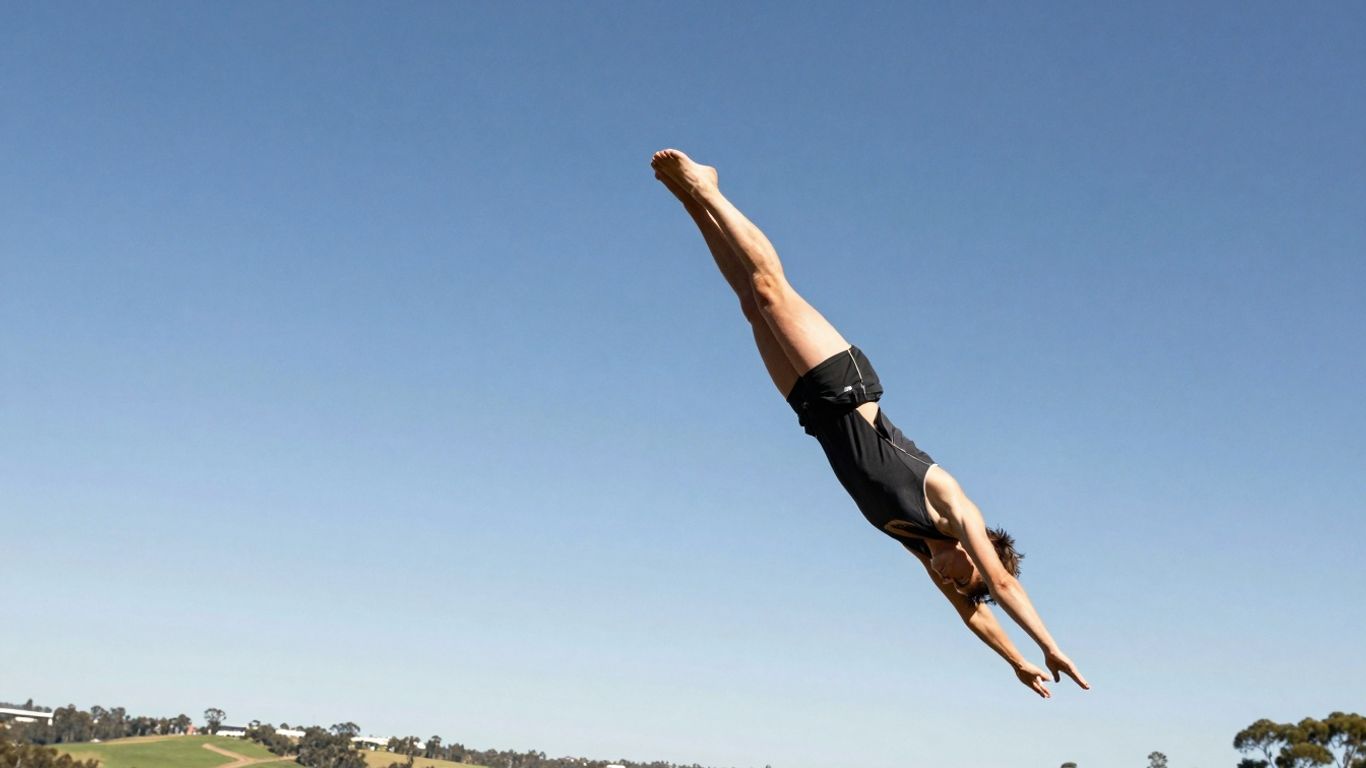 Person performing aerial acrobatics above Canberra landscape.