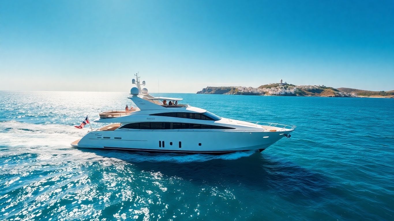Luxury yacht sailing near Greek islands on a sunny day.
