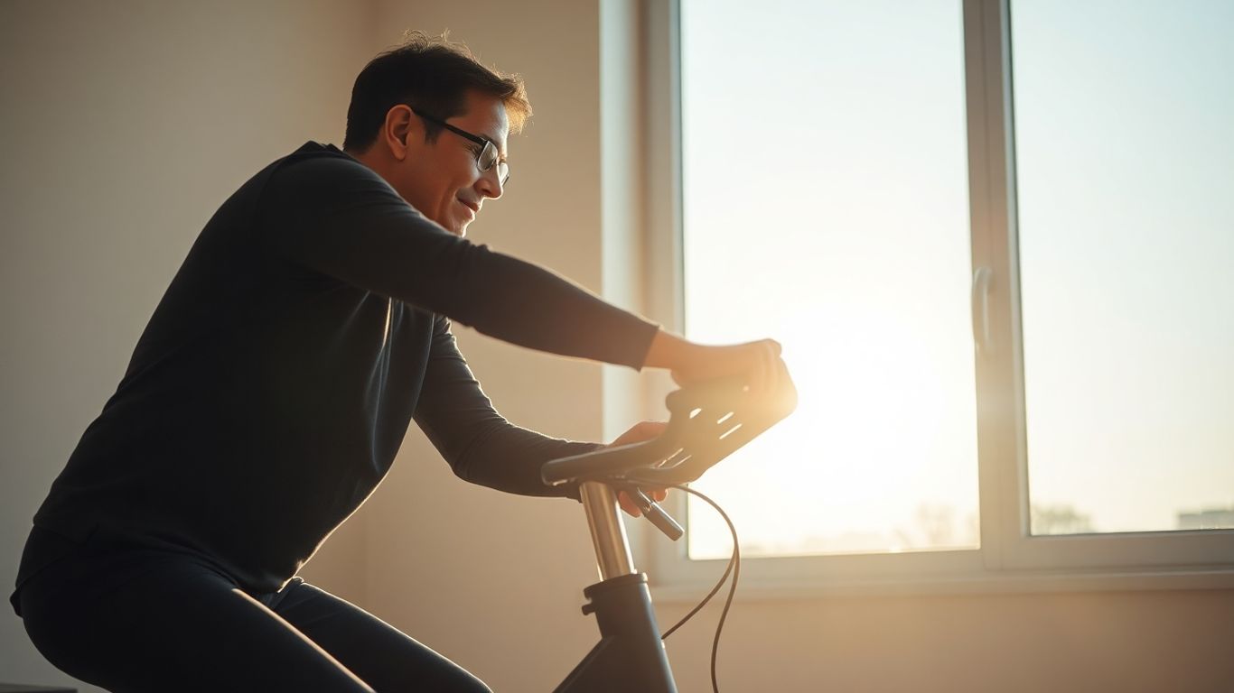 Person cycling indoors, peaceful morning light.