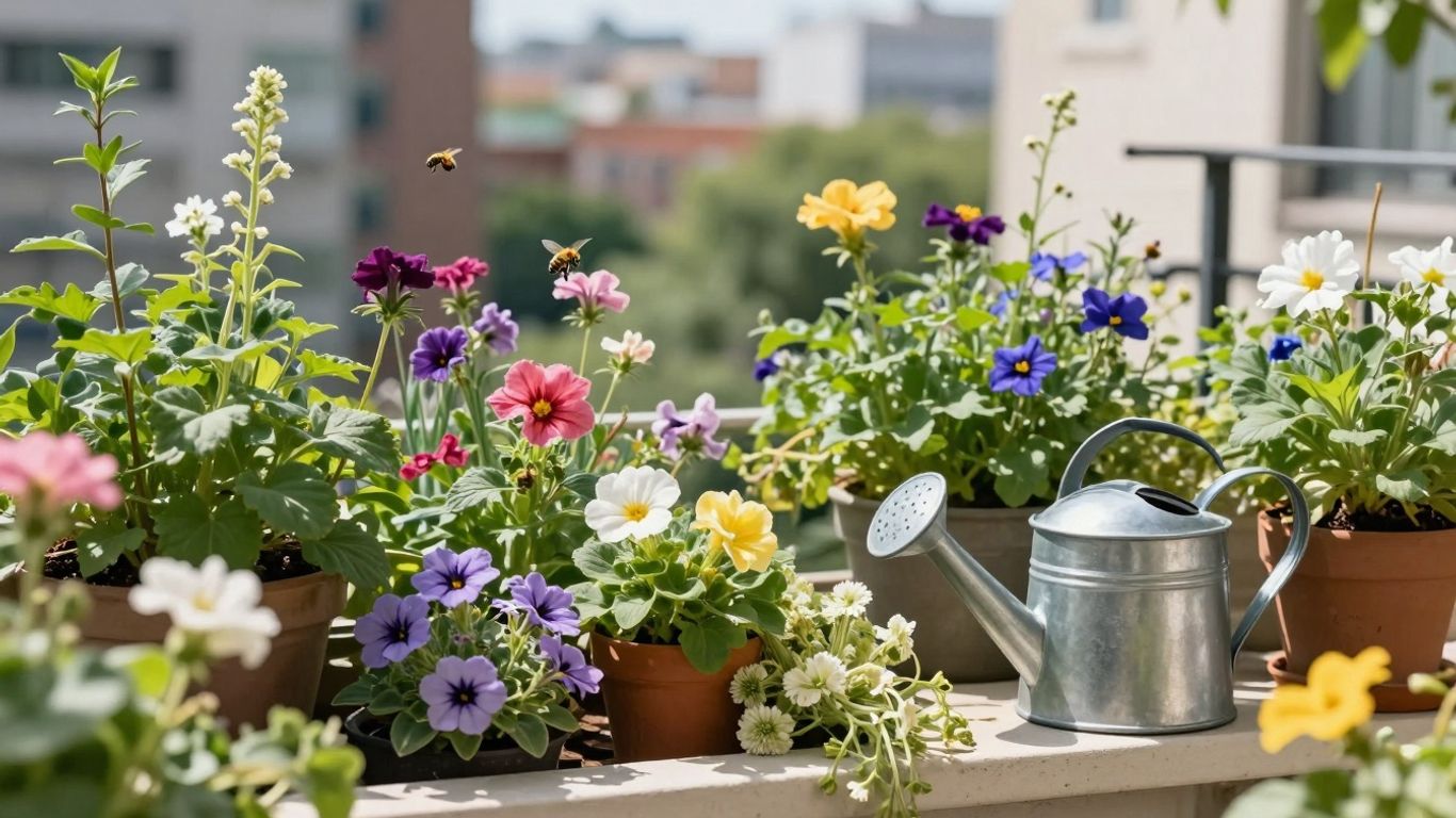 Balkongarten mit Blumen, Insekten und Stadtkulisse