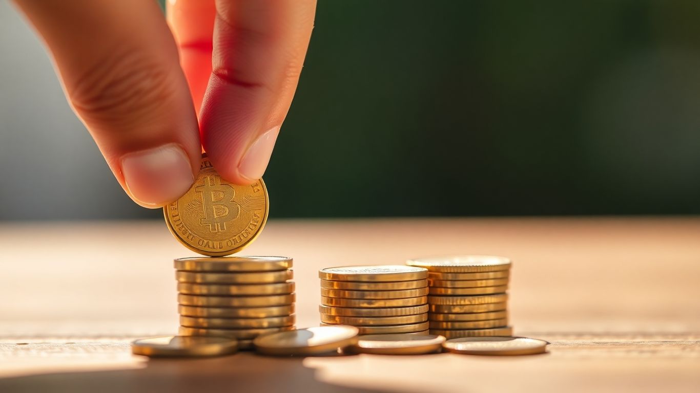 Hand placing coin on stack of coins.