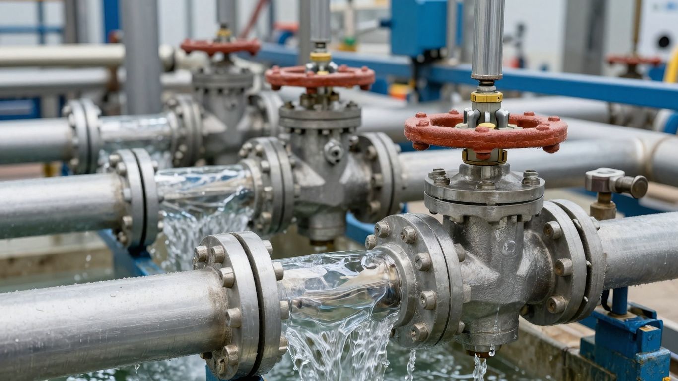 Industrial water system pipes and valves with flowing water.