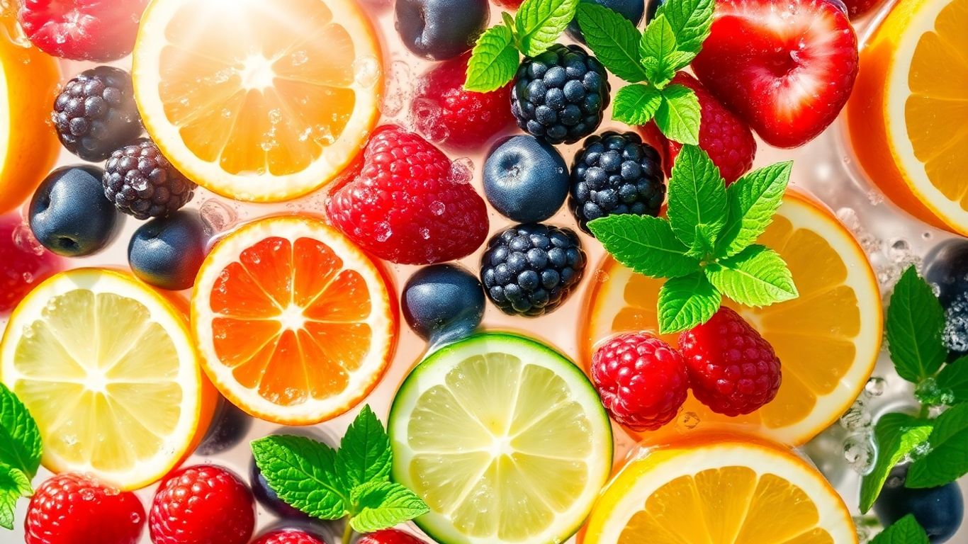 Colorful fruits and vegetables in clear water