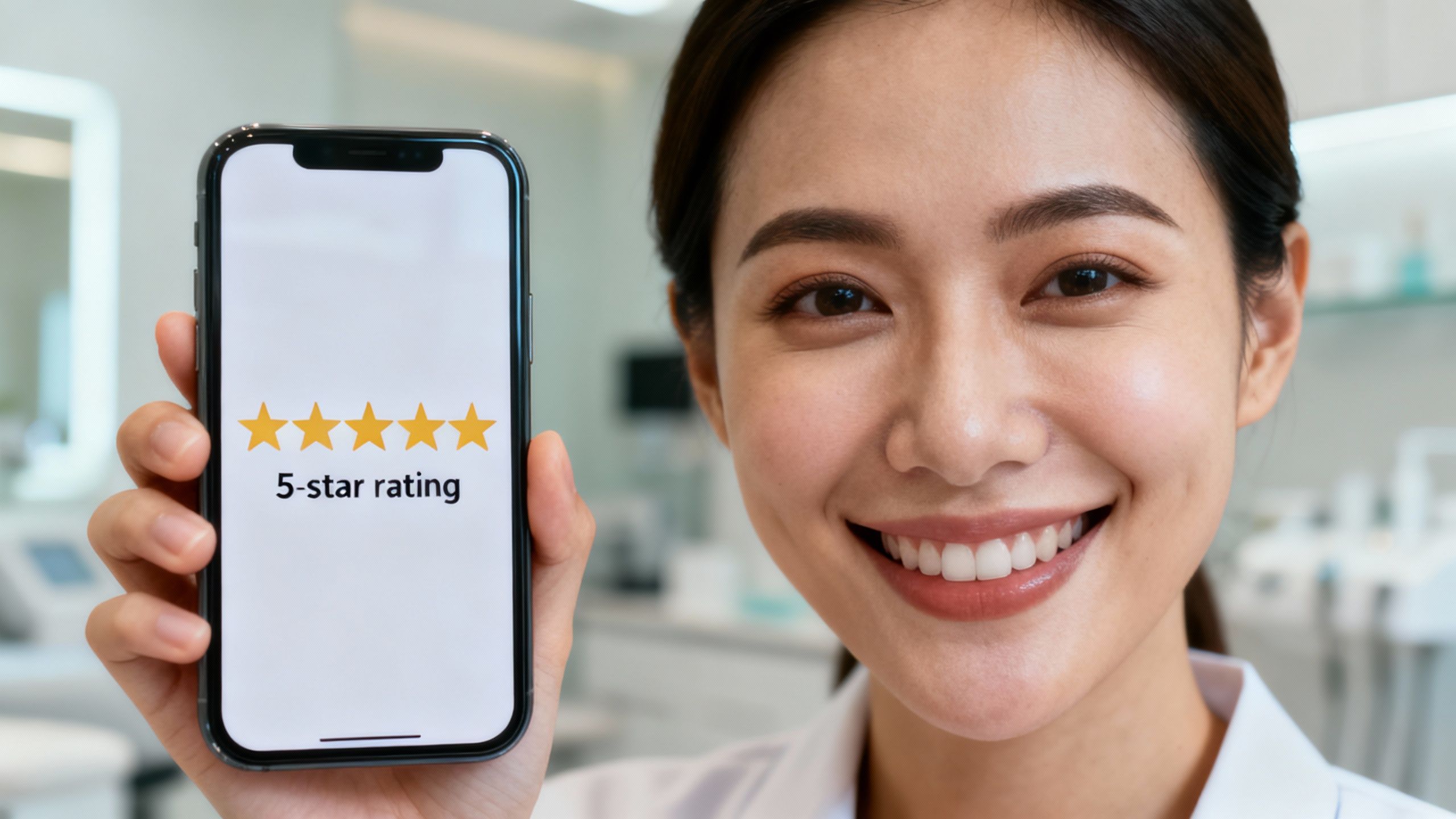 Patient gives a 5-star review on a smartphone at an aesthetic clinic.