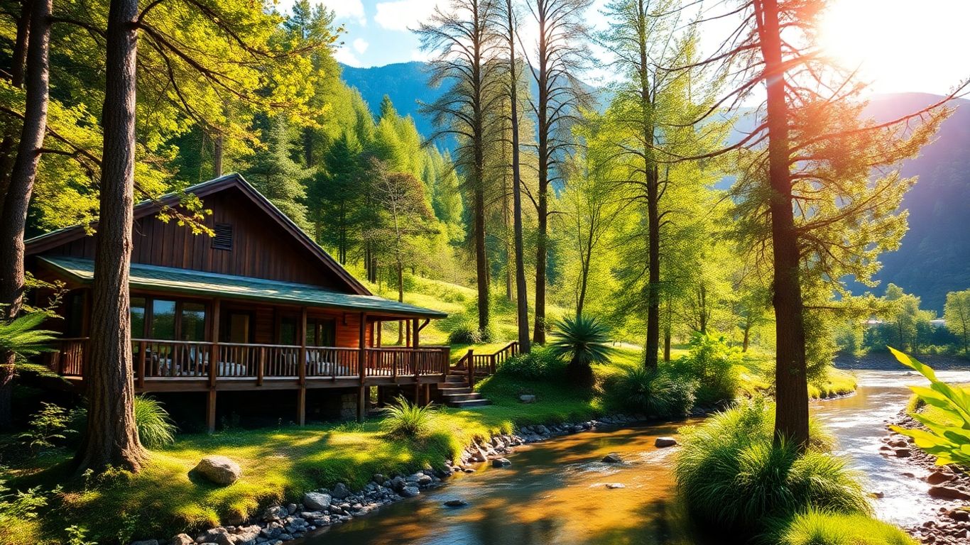 Écolodge en montagne, nature luxuriante, ciel bleu, ruisseau clair.
