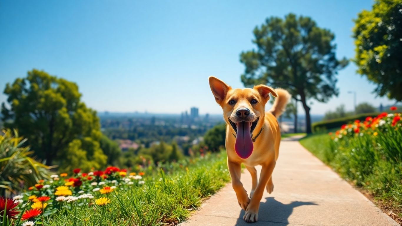 Dog walking happily on a sunny San Jose path.