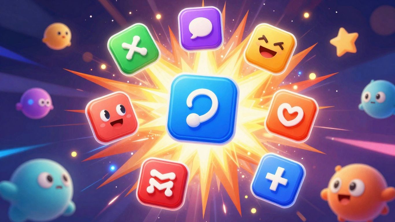 Colorful game icons and playful characters for online games.