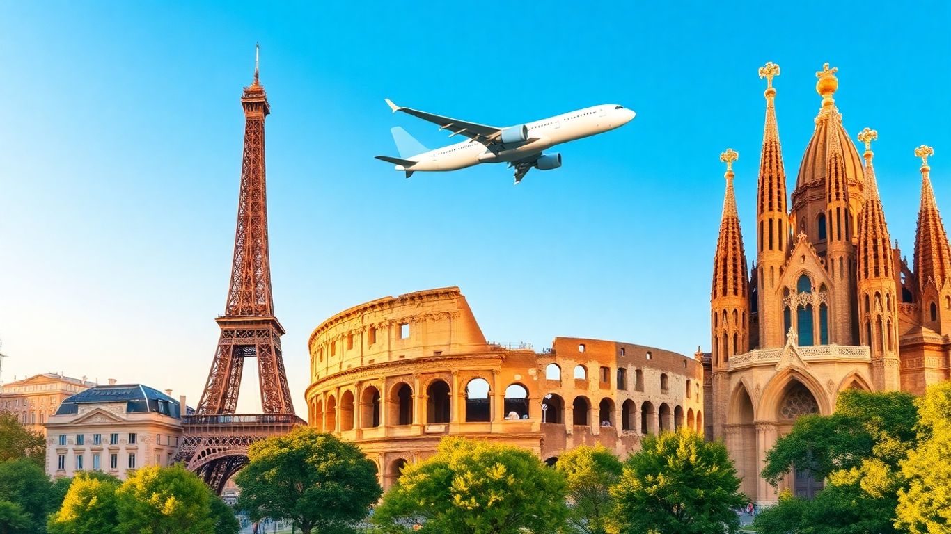 European landmarks and airplane silhouette