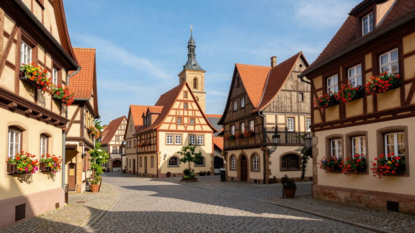Mittelalterliche Stadt mit Fachwerkhäusern und Kirchturm