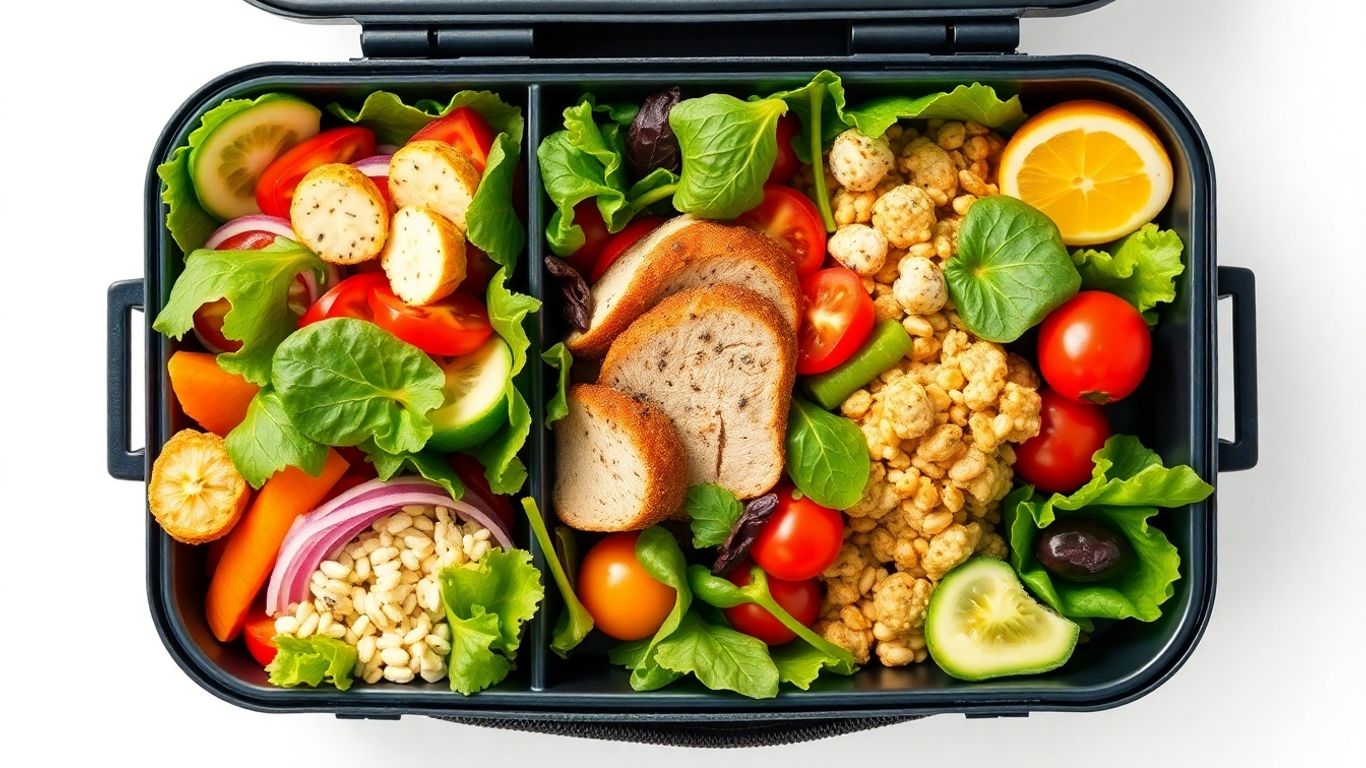 Healthy lunchbox with colorful, fresh ingredients for adults.