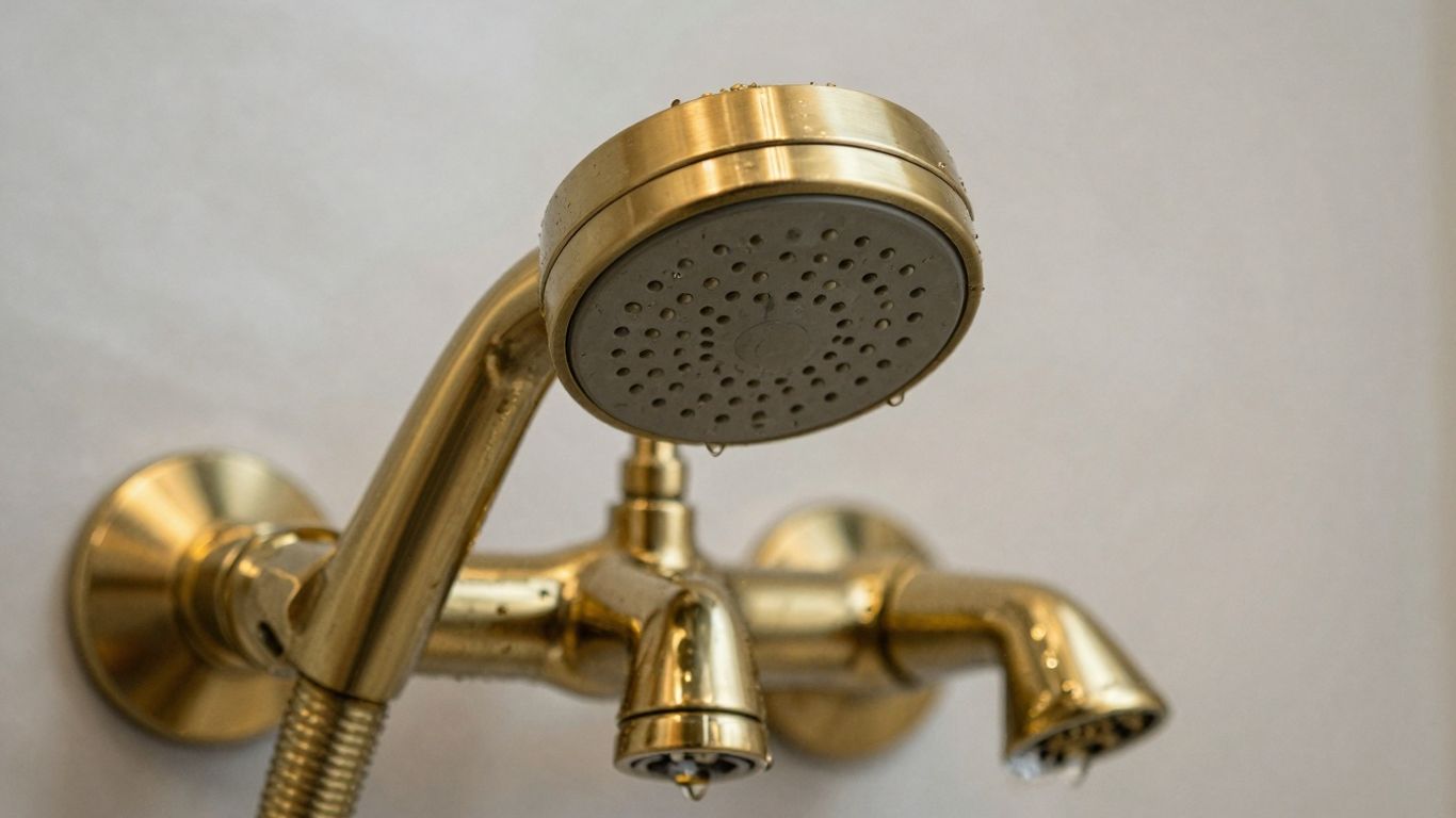 Brushed brass shower set with elegant curves.