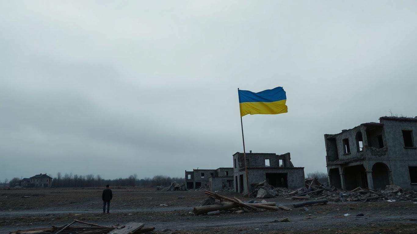 Desolate Ukrainian landscape with ruined buildings and a distant flag.