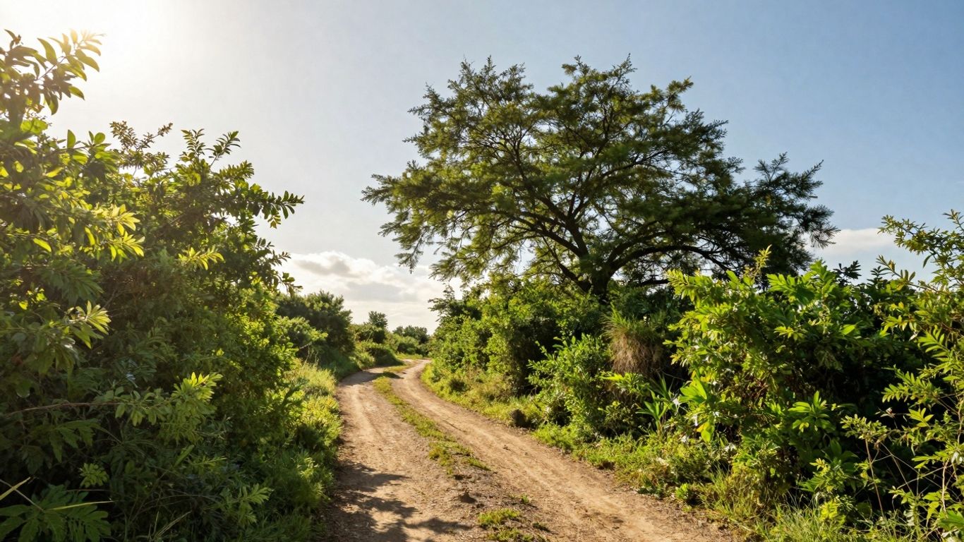 Inspirational landscape with path towards bright horizon.
