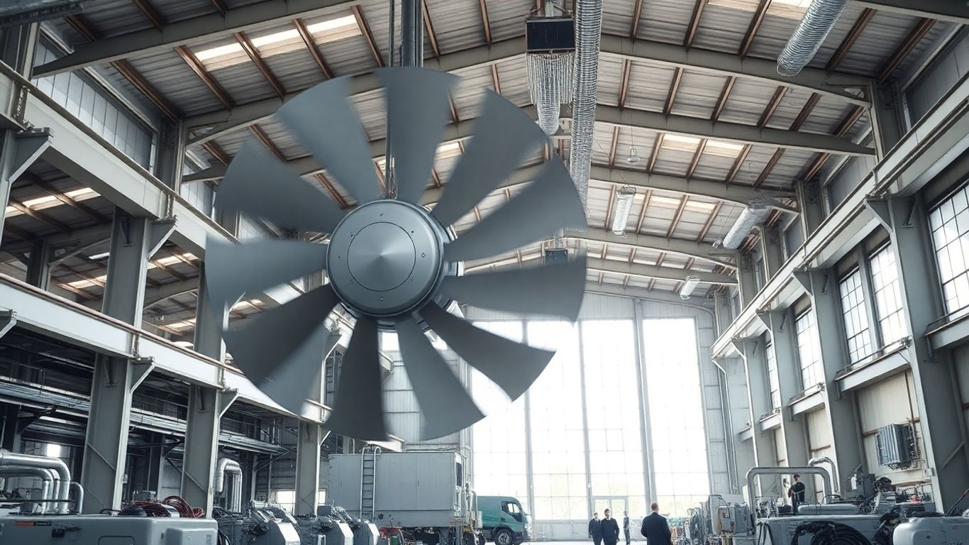 Brasseur d'air industriel dans un entrepôt lumineux