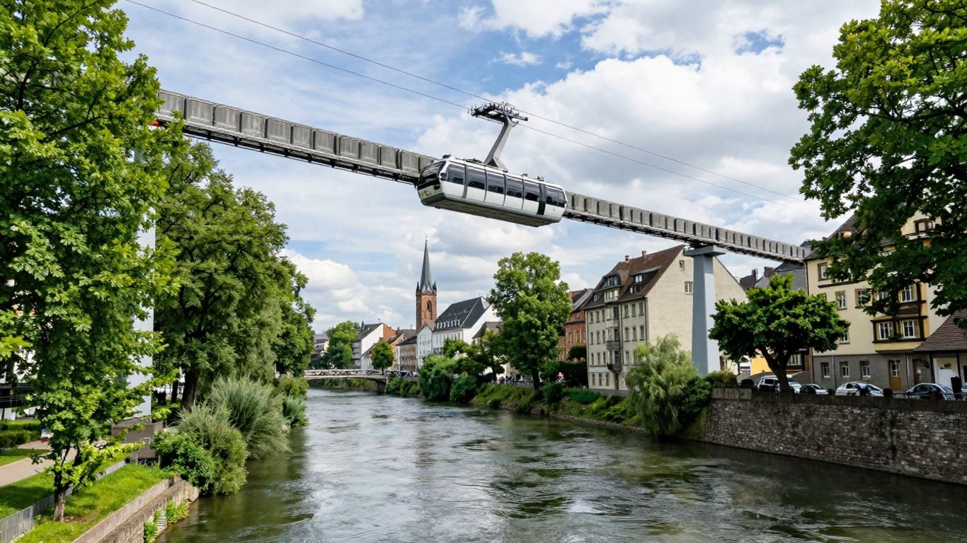 Schwebebahn über dem Fluss mit Bäumen und Gebäuden