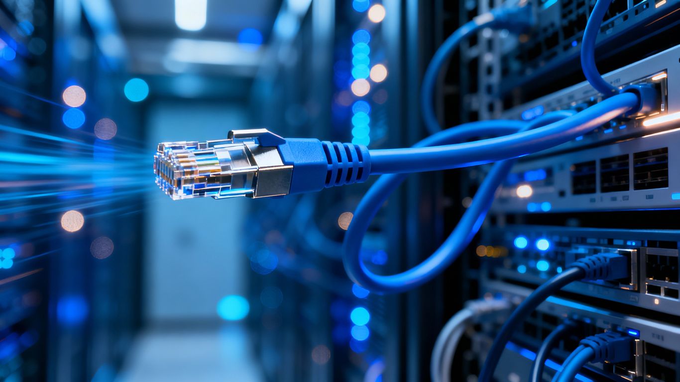 Cat 8 Ethernet cable in a server room.