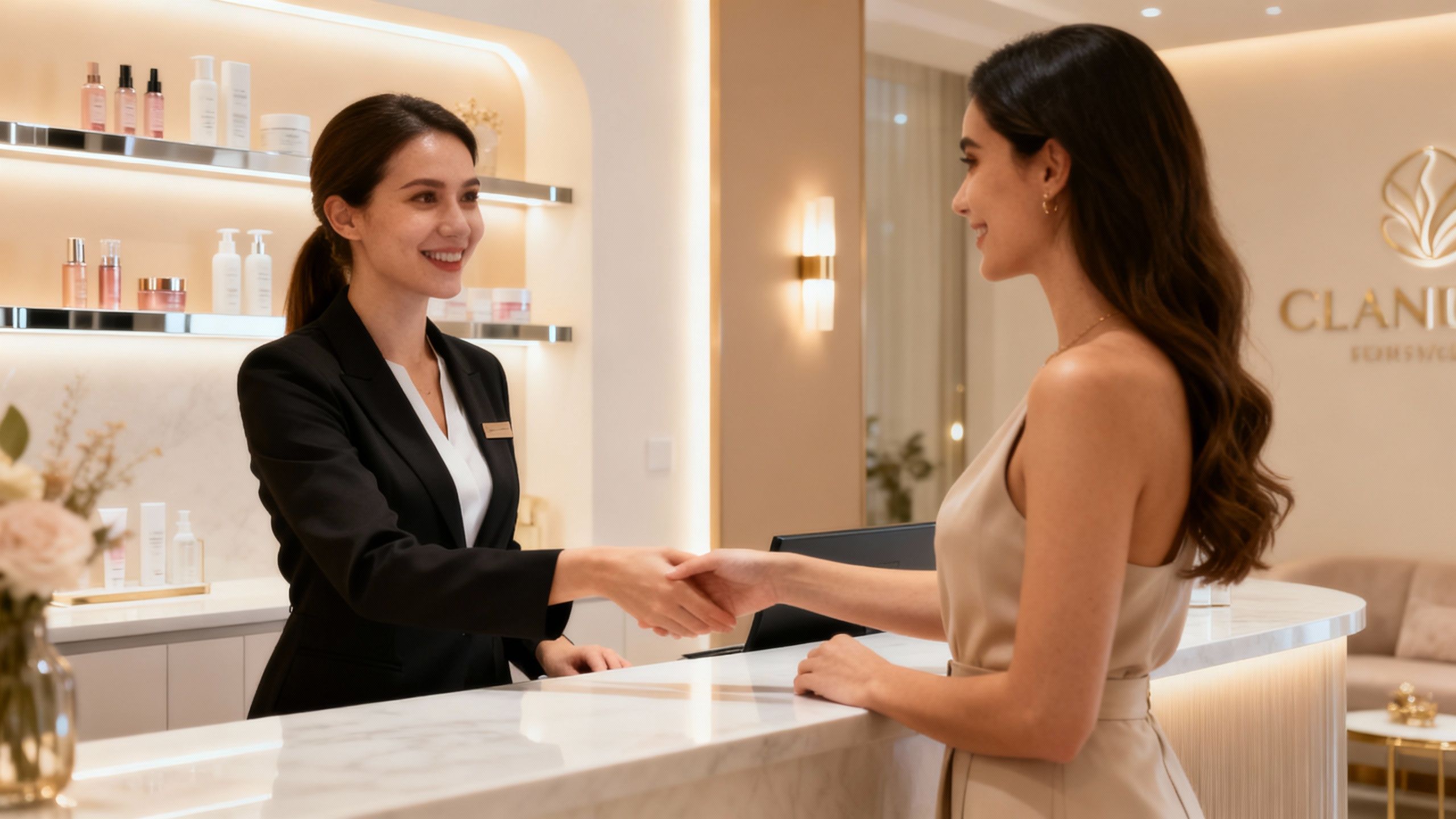In-house receptionist greeting client at aesthetic clinic front desk