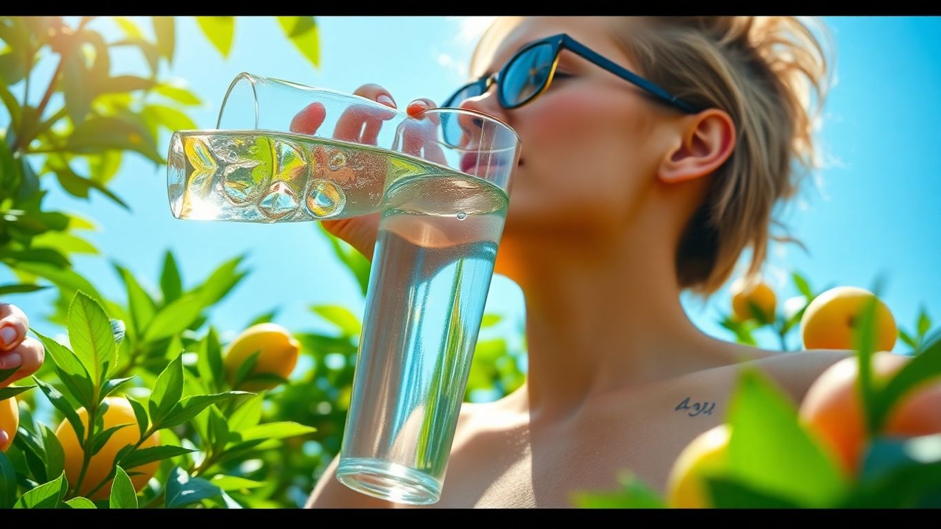Person drinking water surrounded by nature.