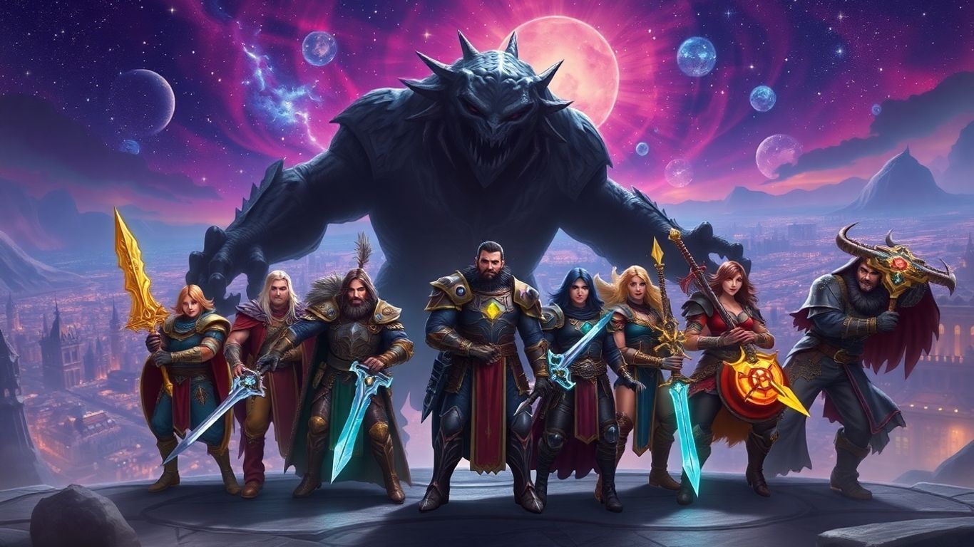 Adventurers battling a giant monster in a fantasy world.