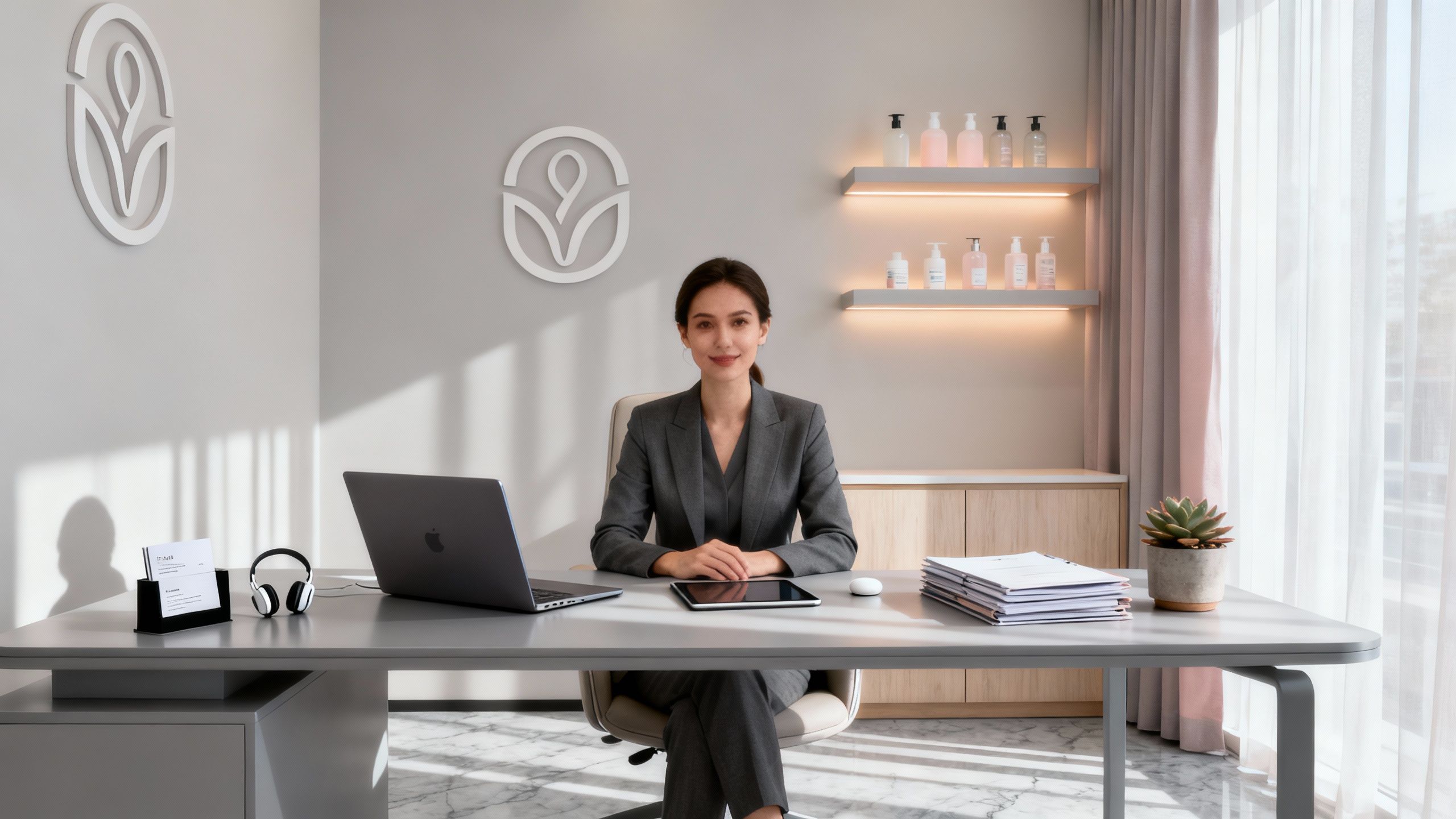 Aesthetic clinic marketing professional working in a modern office space.