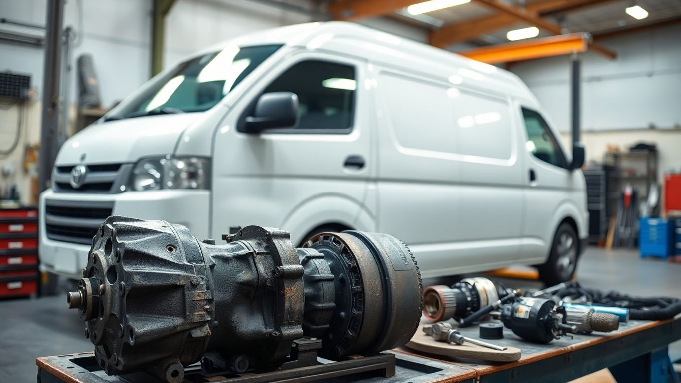 Toyota Hiace van and diesel gearbox in workshop