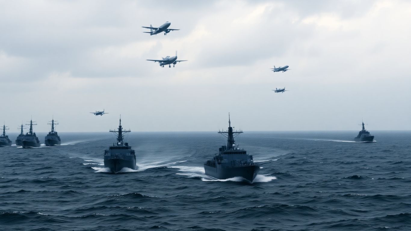 Naval warships and aircraft in the Baltic Sea.