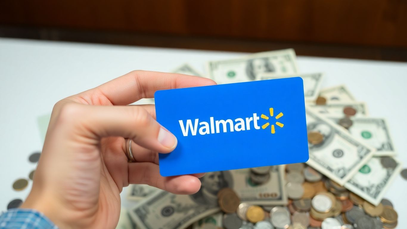 Walmart gift card with coins and cash