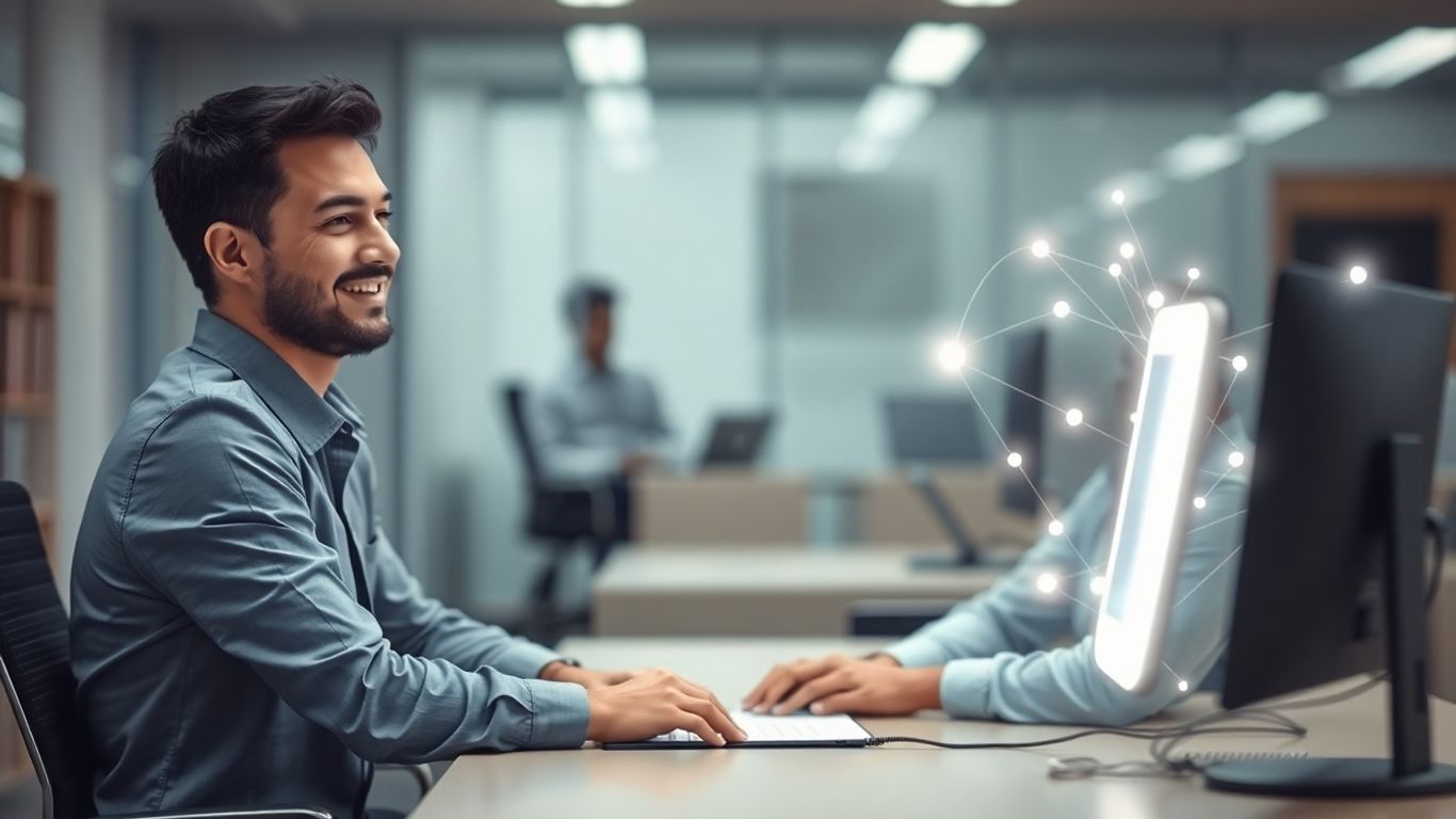 Automated follow-up calls visualized with glowing network lines.