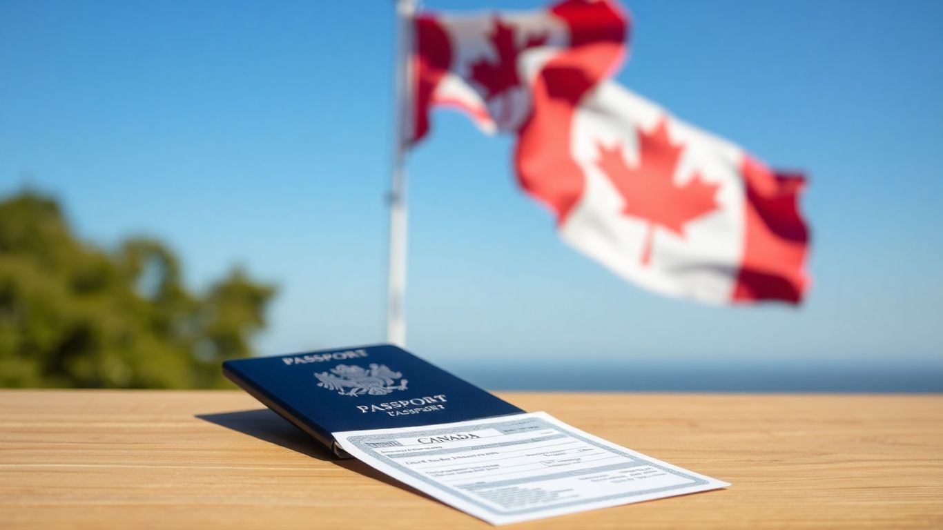 Canadian flag, passport, and visa document.