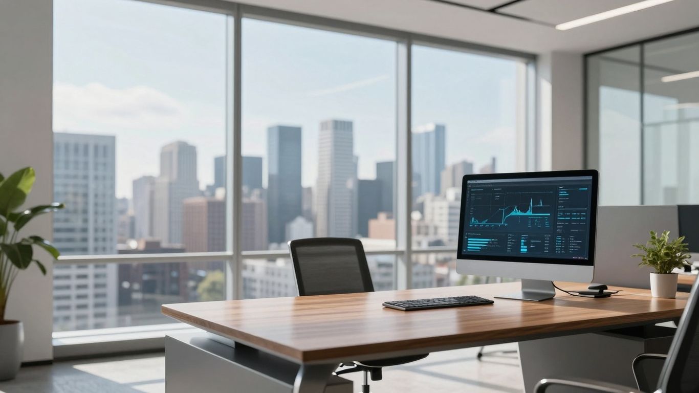 Modern office with city view, digital finance theme.