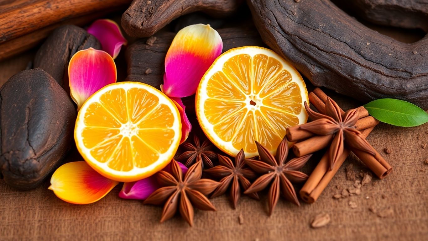 Perfume scent families: woody, floral, citrus, oriental elements.