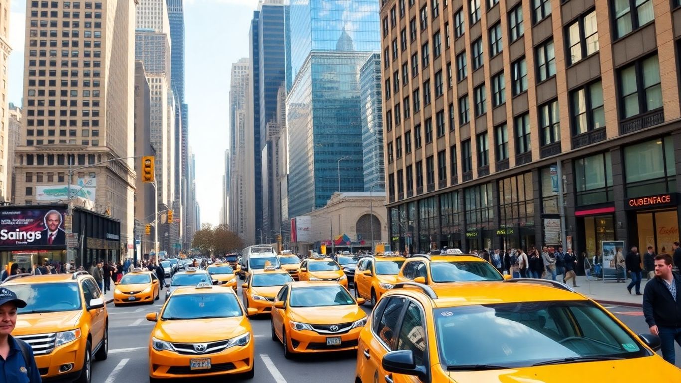 NYC skyline and street with taxis and pedestrians.