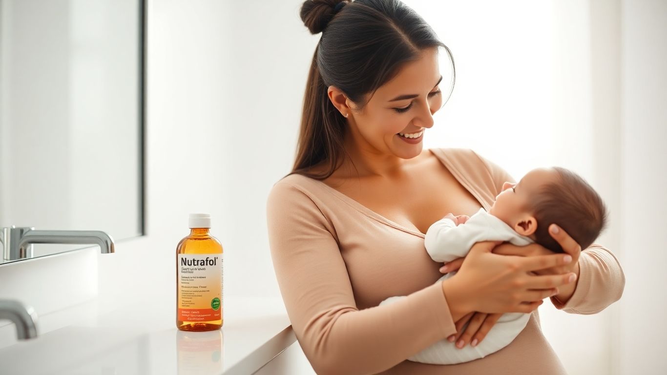 Mother and baby with Nutrafol bottle