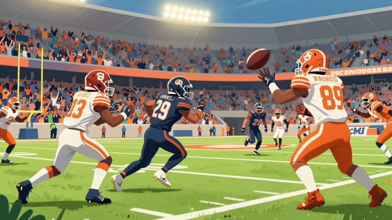 Exciting football game action with cheering fans and stadium lights.