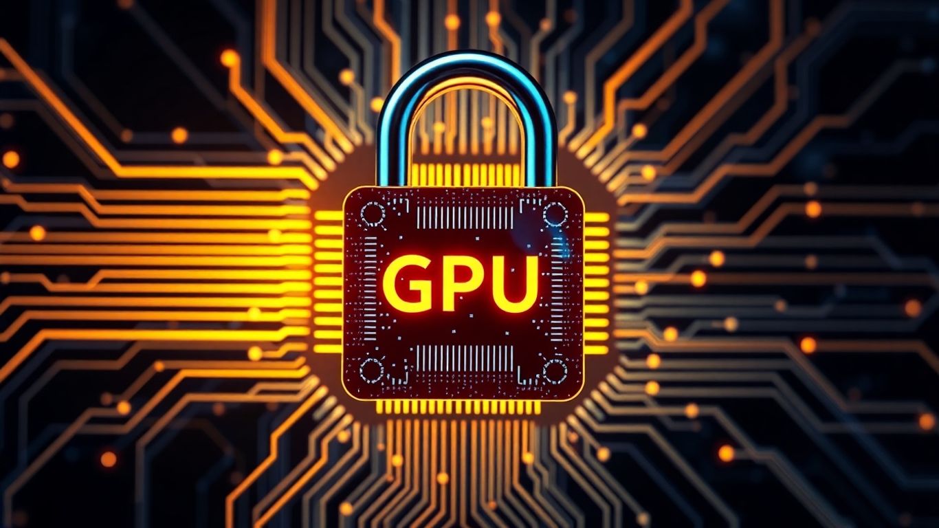 Digital lock over GPU chip with flowing code lines.
