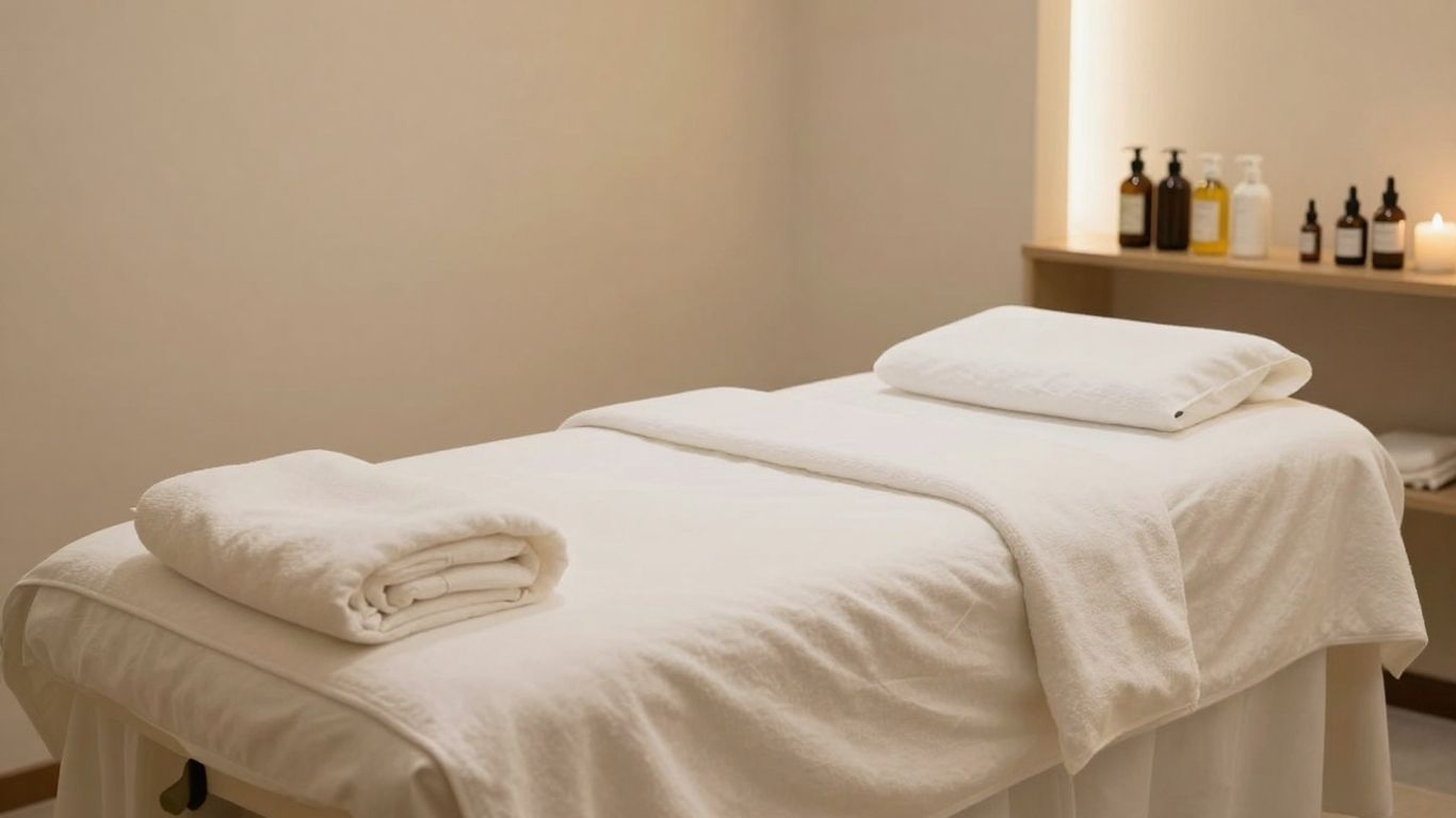 Med spa treatment room with bed and relaxation products.
