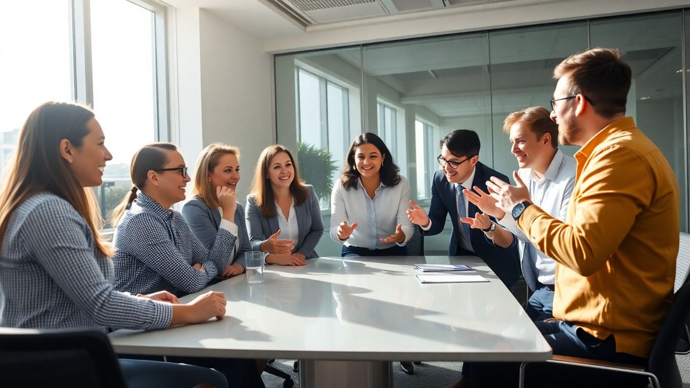 Team di vendita che collabora in un ufficio luminoso e moderno.