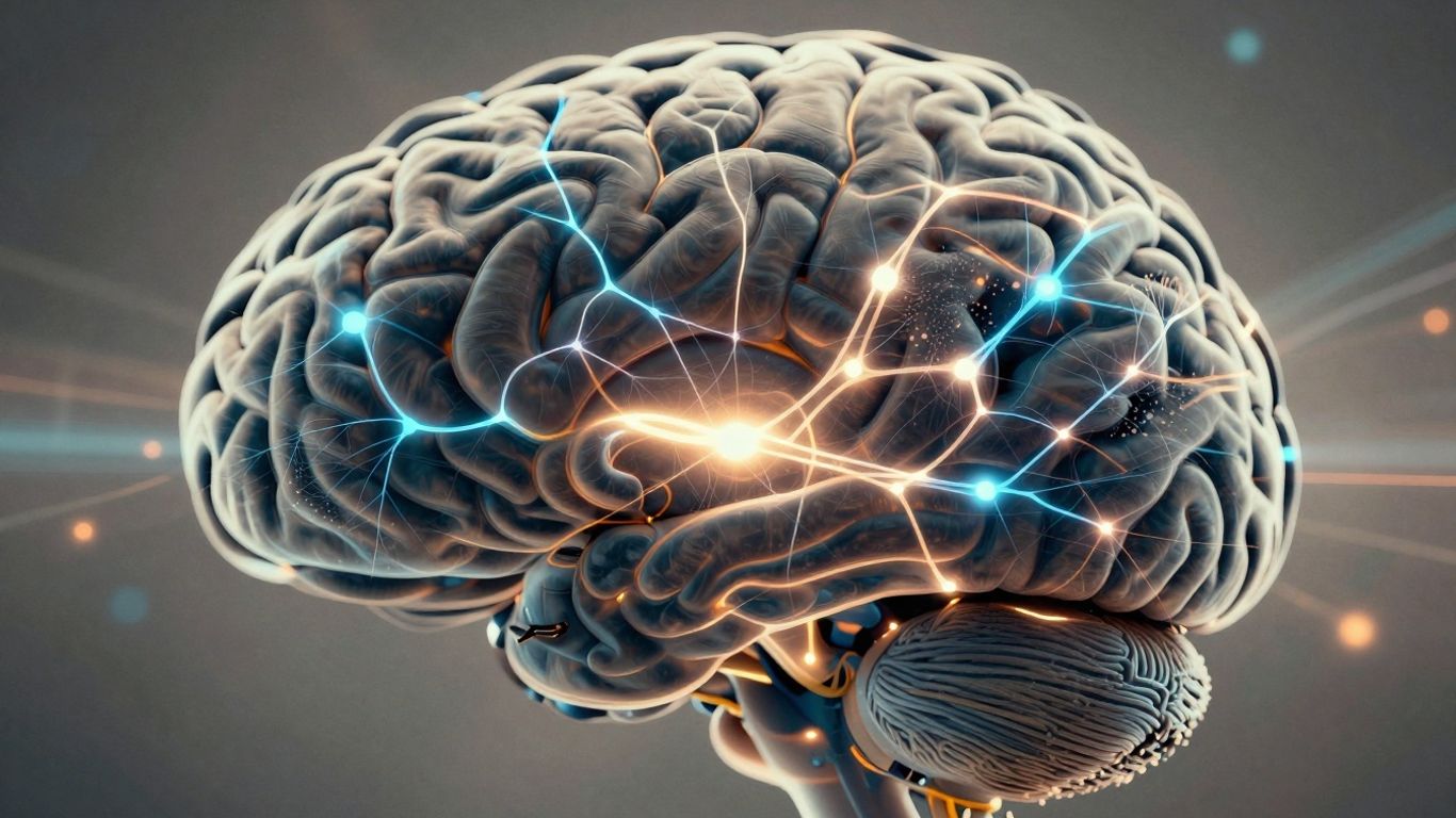 Human brain with glowing neural pathways and digital patterns.
