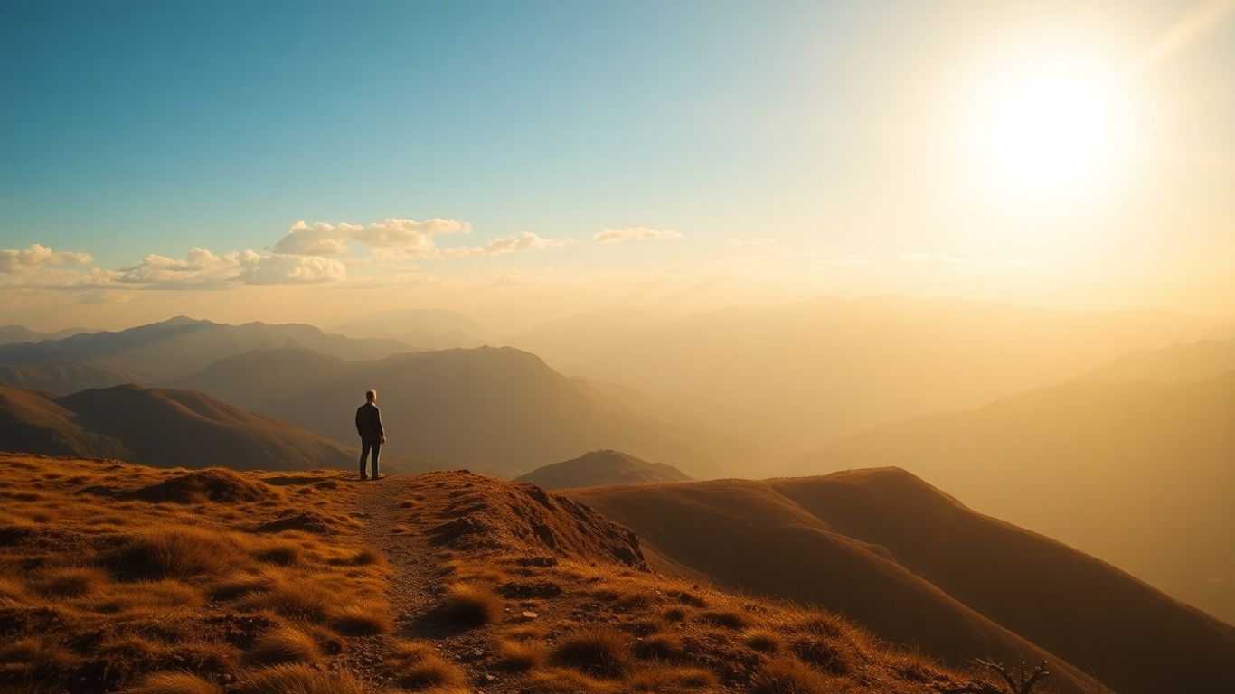 Inspirational landscape with a person looking towards the horizon.