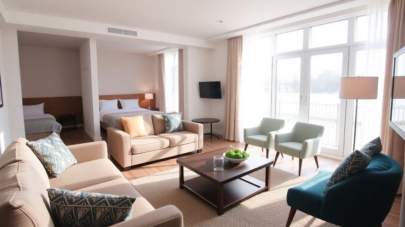 Modern living room with stylish furniture for Airbnb.