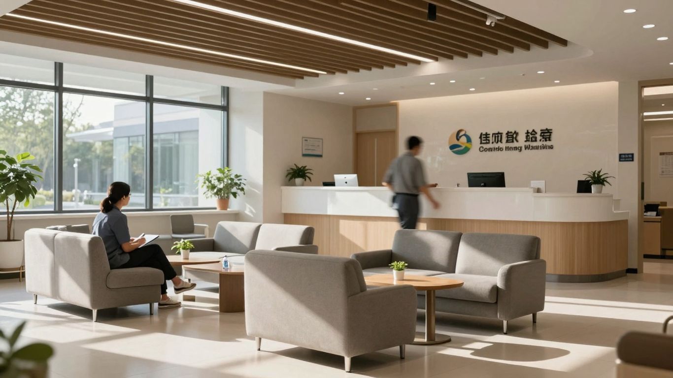 Pacienți așteptând la recepția clinicii medicale.